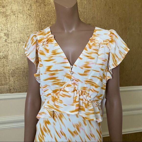 NEW RAHI ivory/yellow marble print midi dress L - Picture 5 of 7